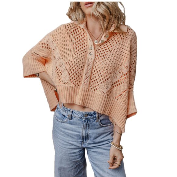 🌸 Apricot Pink Knit Dolman Sleeve Collared Sweater – Size M - Picture 1 of 9